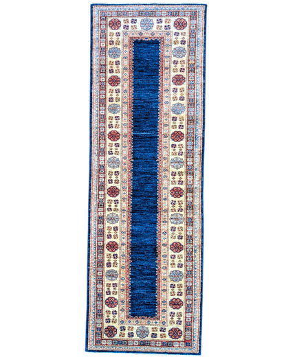 Tappeto Kazak 237x79 cm fondo blu annodato a mano in lana e cotone.