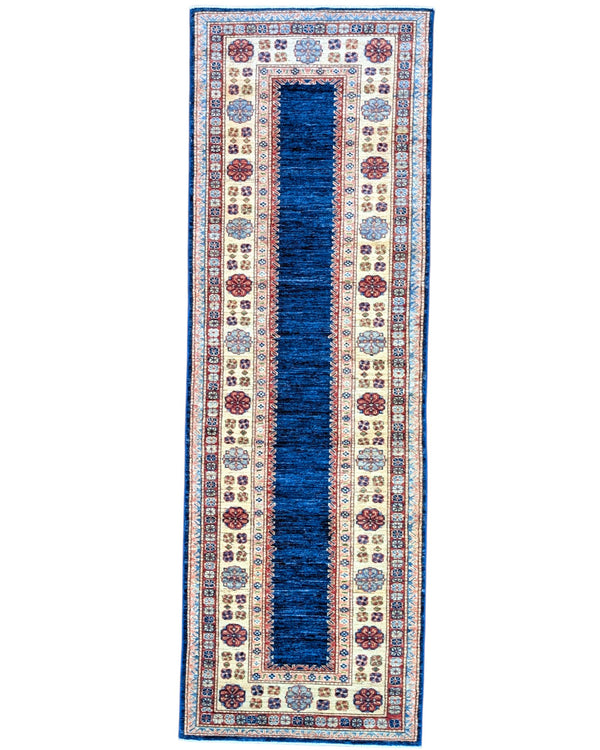 Tappeto Kazak 237x79 cm fondo blu annodato a mano in lana e cotone.