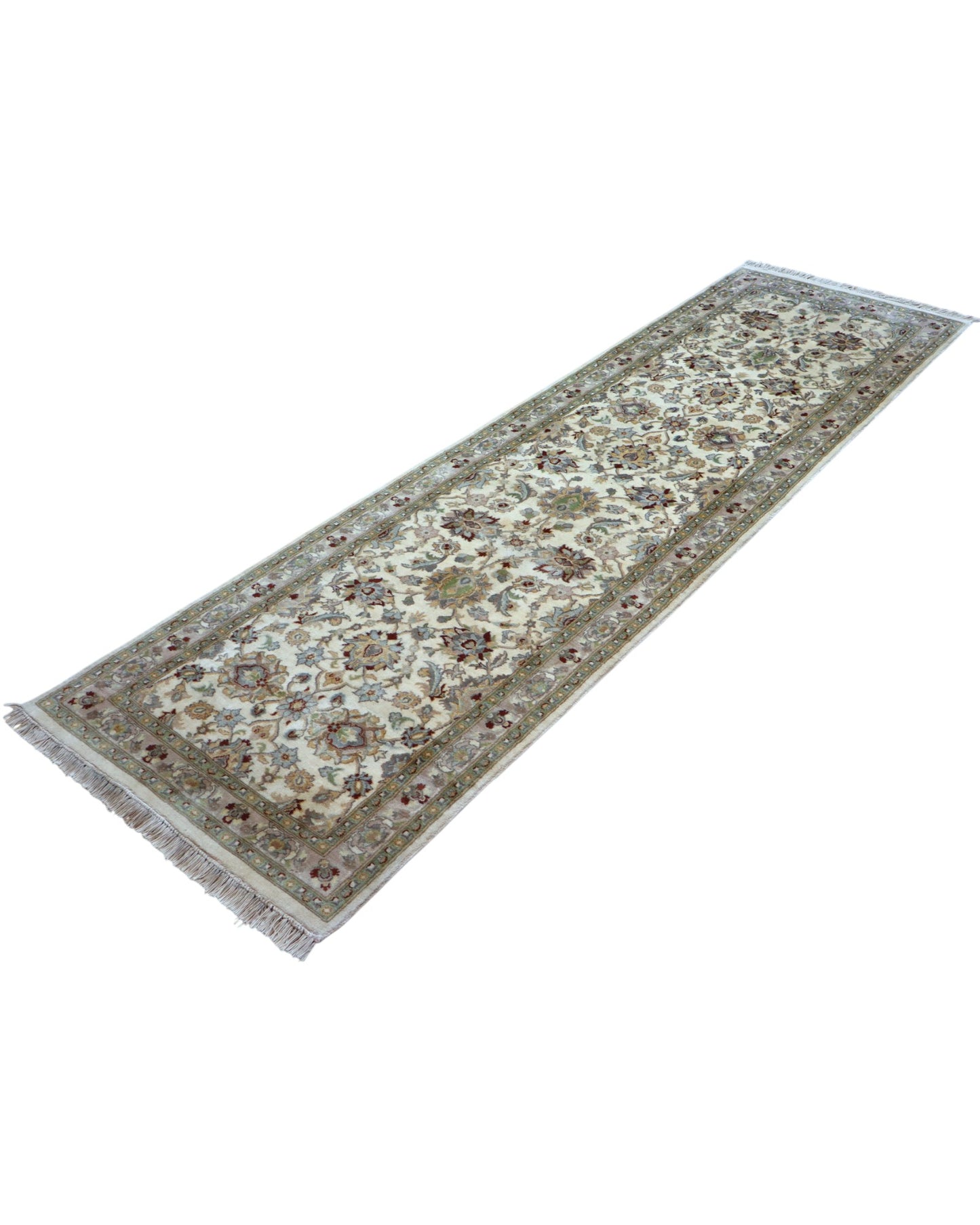 Tappeto Kashmir 238x82 cm, Afghanistan, corridore con fondo avorio e motivi floreali beige e azzurro, annodato a mano in lana vegetale.