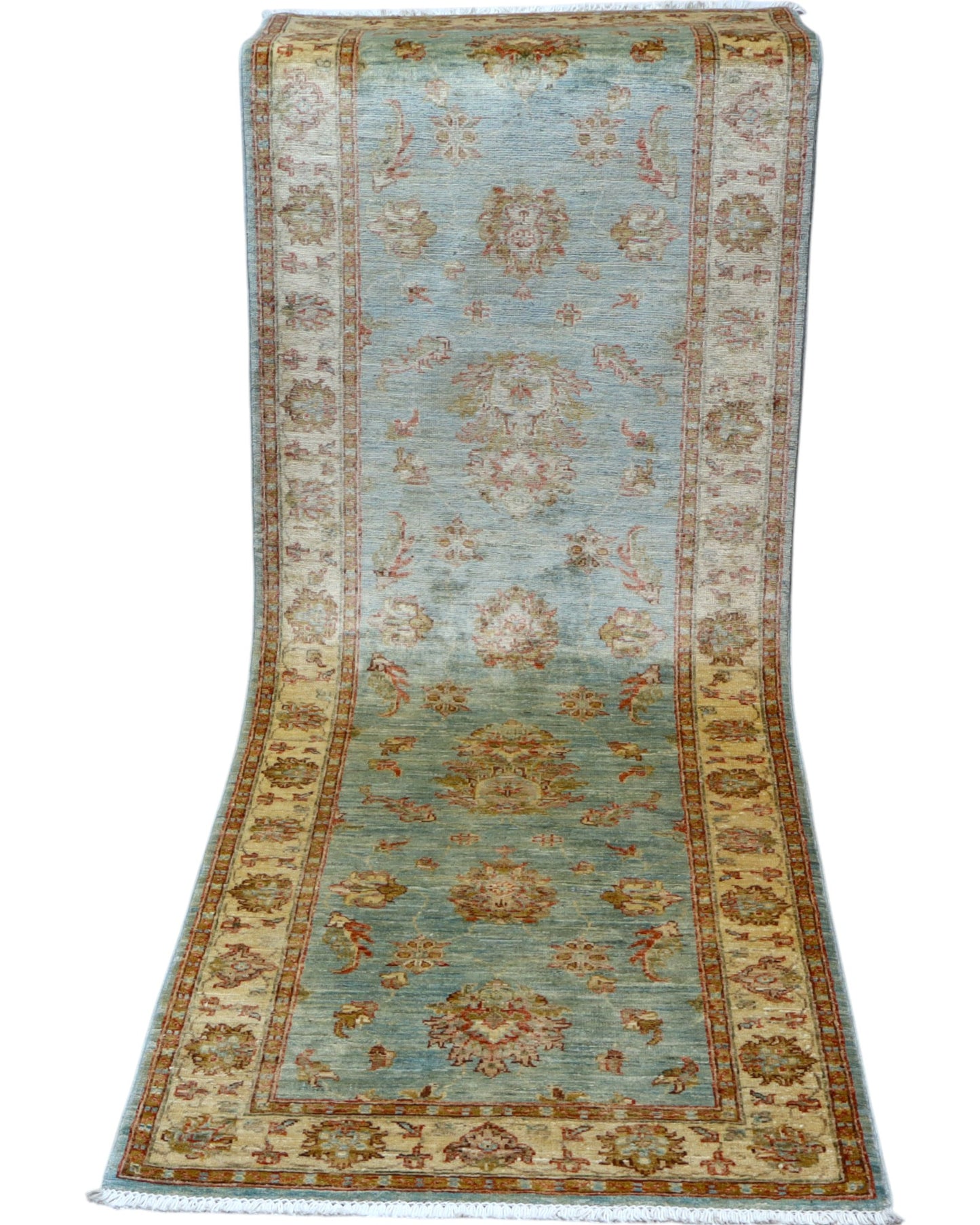 Tappeto Ziegler 257x77 cm, provenienza Afghanistan, fondo azzurro con motivi floreali beige e rosso mattone, corridore annodato a mano in lana vegetale.