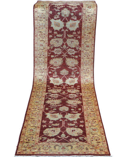 Tappeto Ziegler 261x78 cm, Afghanistan, corridore con fondo rosso borgogna e motivi floreali beige e avorio, annodato a mano in lana vegetale.