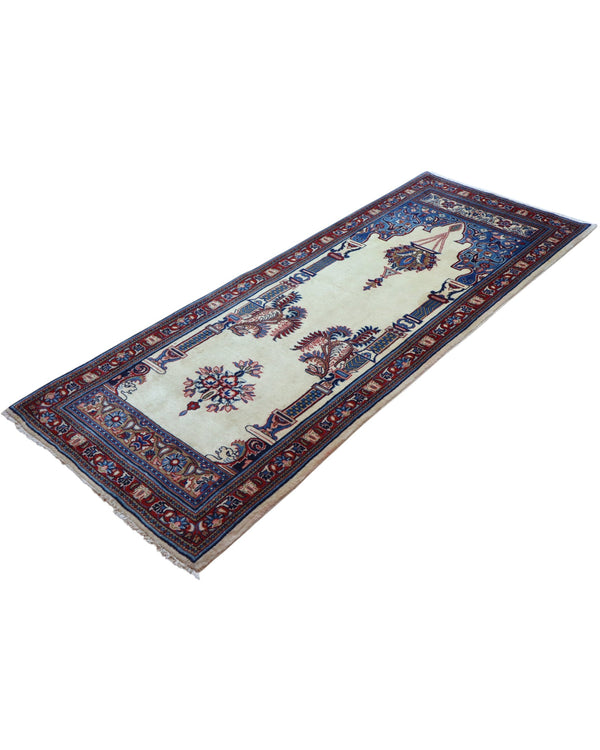 Tappeto Sarough persiano 205x82 cm, corridore con fondo avorio e motivi floreali in blu e rosso, annodato a mano in lana vegetale.