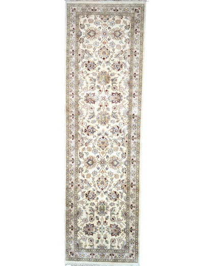 Tappeto Kashmir 238x82 cm, Afghanistan, corridore con fondo avorio e motivi floreali beige e azzurro, annodato a mano in lana vegetale.