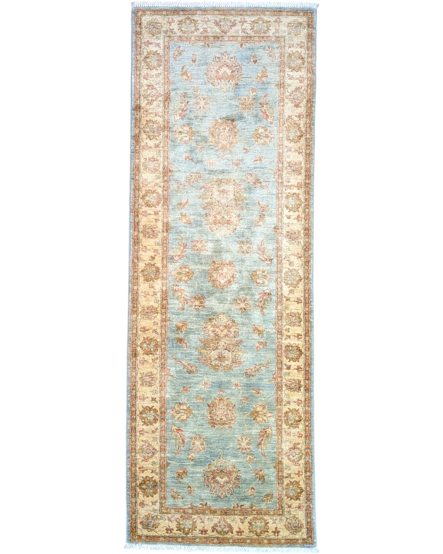 Tappeto Ziegler 257x77 cm, provenienza Afghanistan, fondo azzurro con motivi floreali beige e rosso mattone, corridore annodato a mano in lana vegetale.