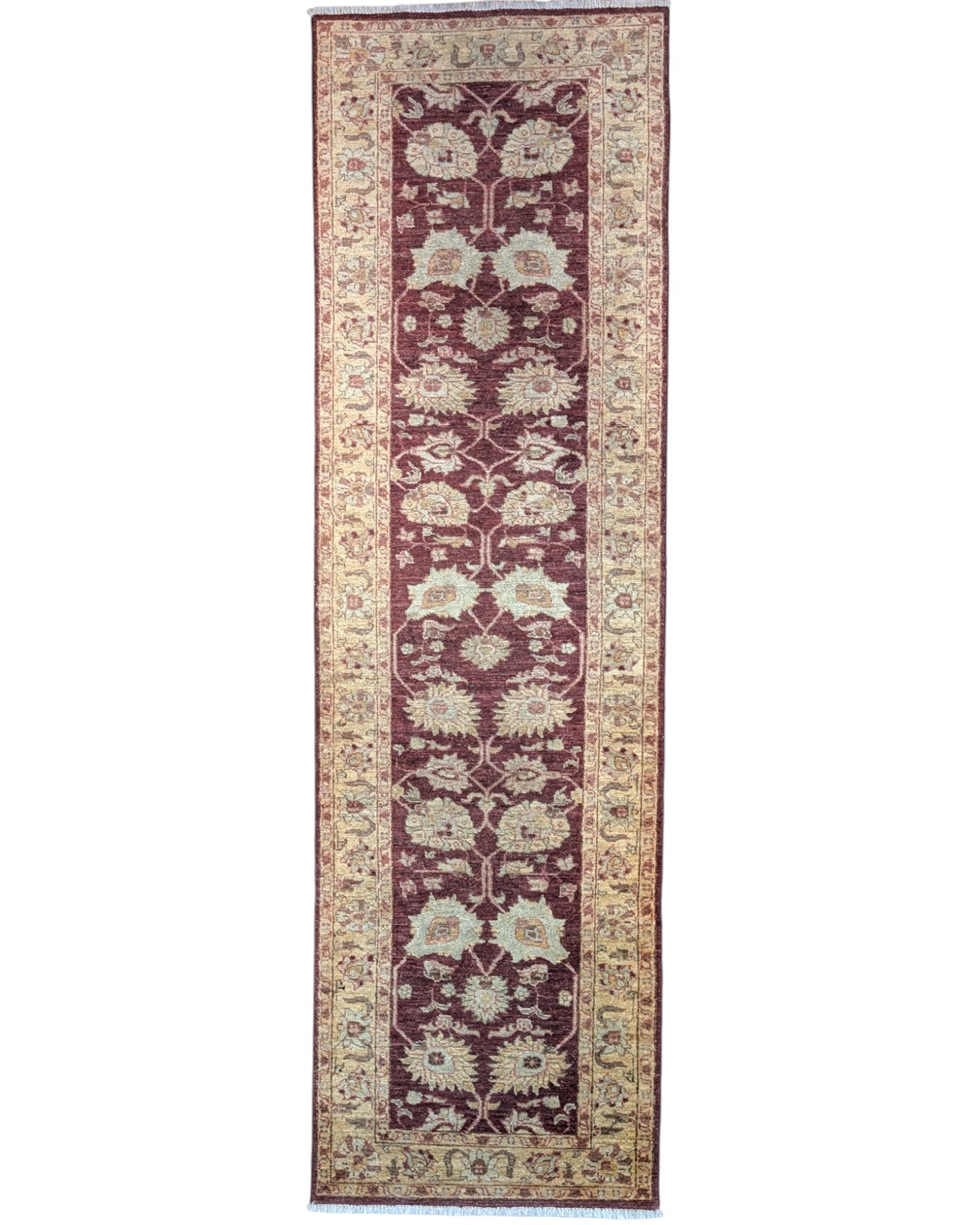 Tappeto Ziegler 261x78 cm, Afghanistan, corridore con fondo rosso borgogna e motivi floreali beige e avorio, annodato a mano in lana vegetale.
