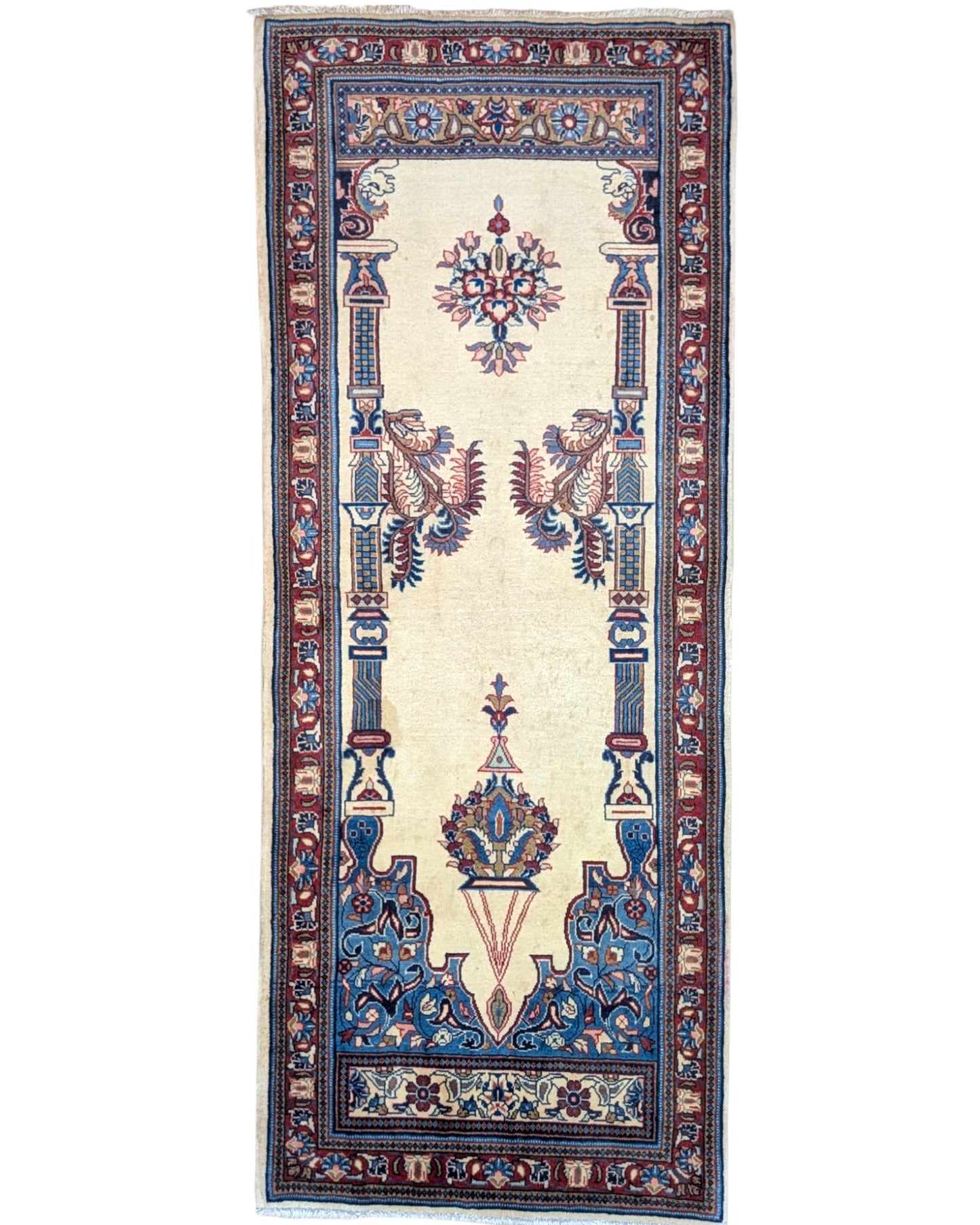 Tappeto Sarough persiano 205x82 cm, corridore con fondo avorio e motivi floreali in blu e rosso, annodato a mano in lana vegetale.