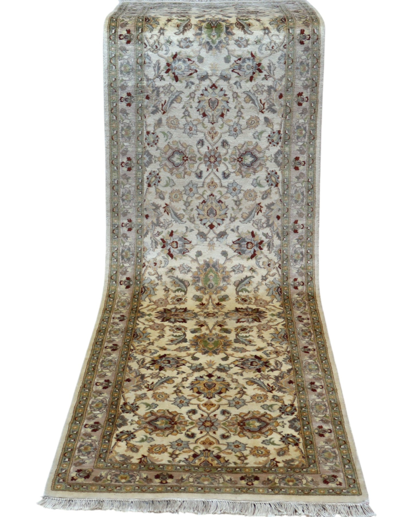 Tappeto Kashmir 252x70 cm, provenienza Pakistan, fondo avorio con motivi floreali beige e azzurro, corridore annodato a mano in lana vegetale.