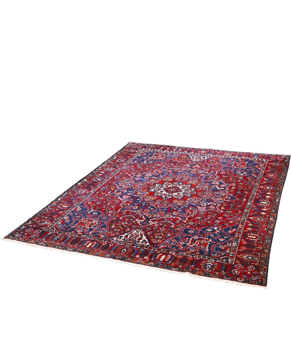 Tappeto Bakhtiar persiano 380x304 cm rettangolare, annodato a mano, con campo rosso, medaglione centrale e motivi floreali blu e avorio.