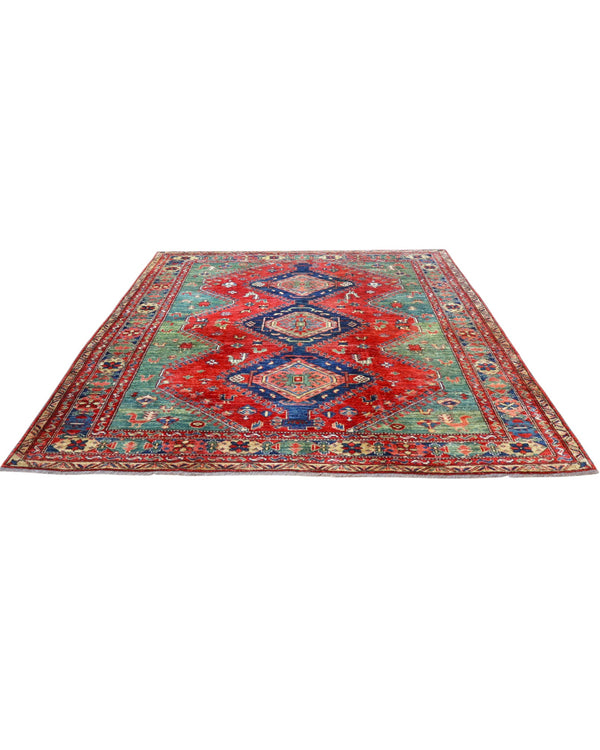 Tappeto Kazak 274x229 cm con fondo rosso e verde, tre medaglioni geometrici blu e dettagli avorio, tramato ed annodato a mano, provenienza Caucaso.
