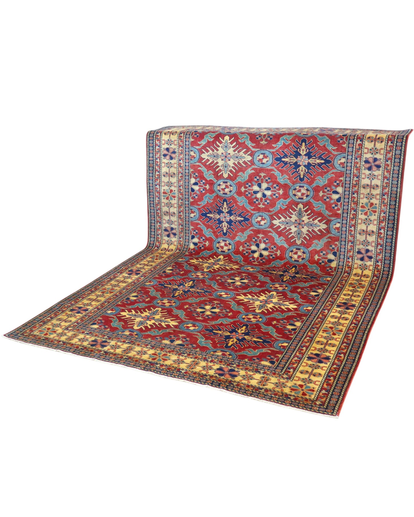 Tappeto Shirvan 289x196 cm con fondo rosso e motivi geometrici gialli, blu e avorio, tramato ed annodato a mano, provenienza Caucaso.