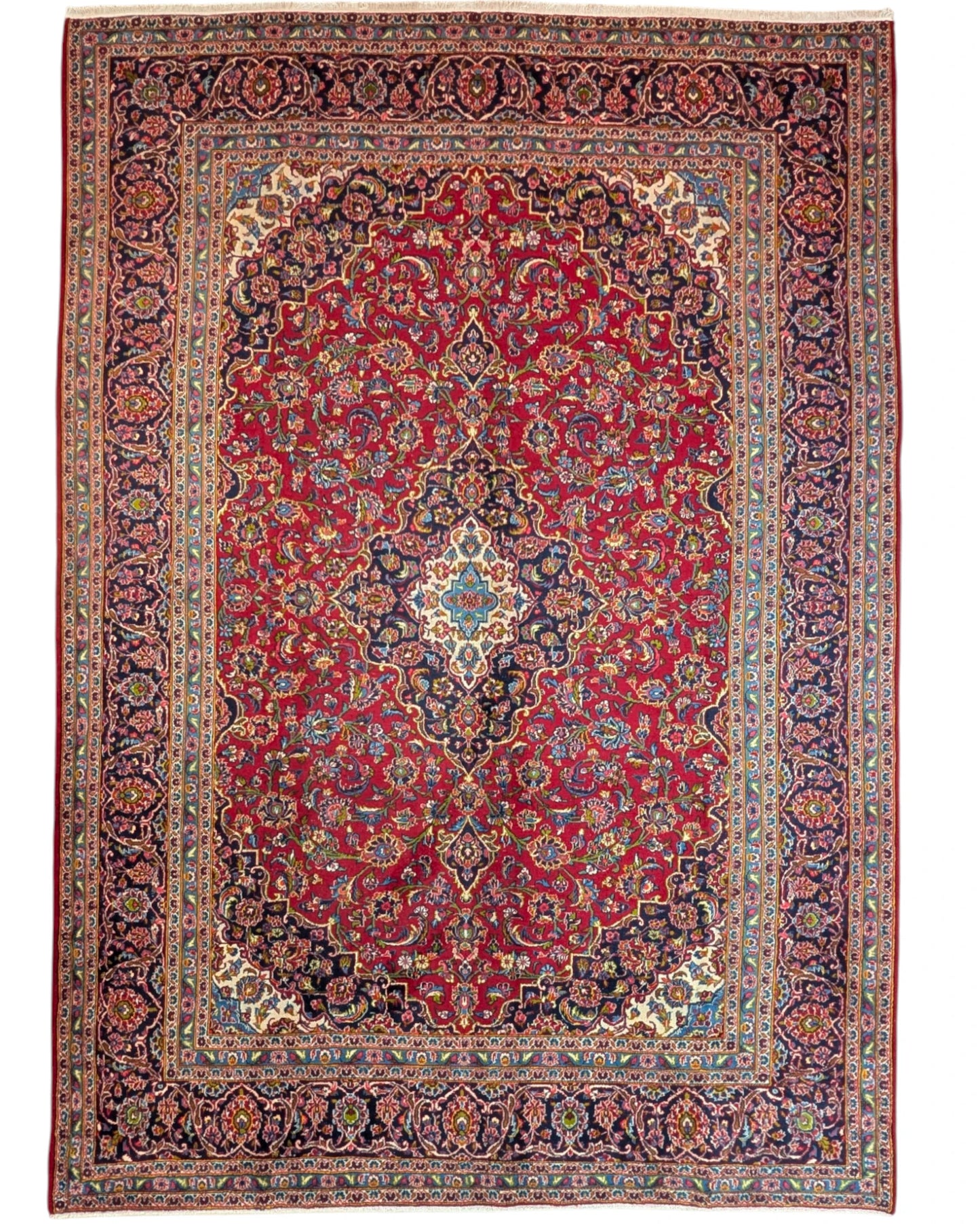 tappeto persiano Kashan annodato a mano 407x288 cm rosso rubino con medaglione centrale e motivi floreali