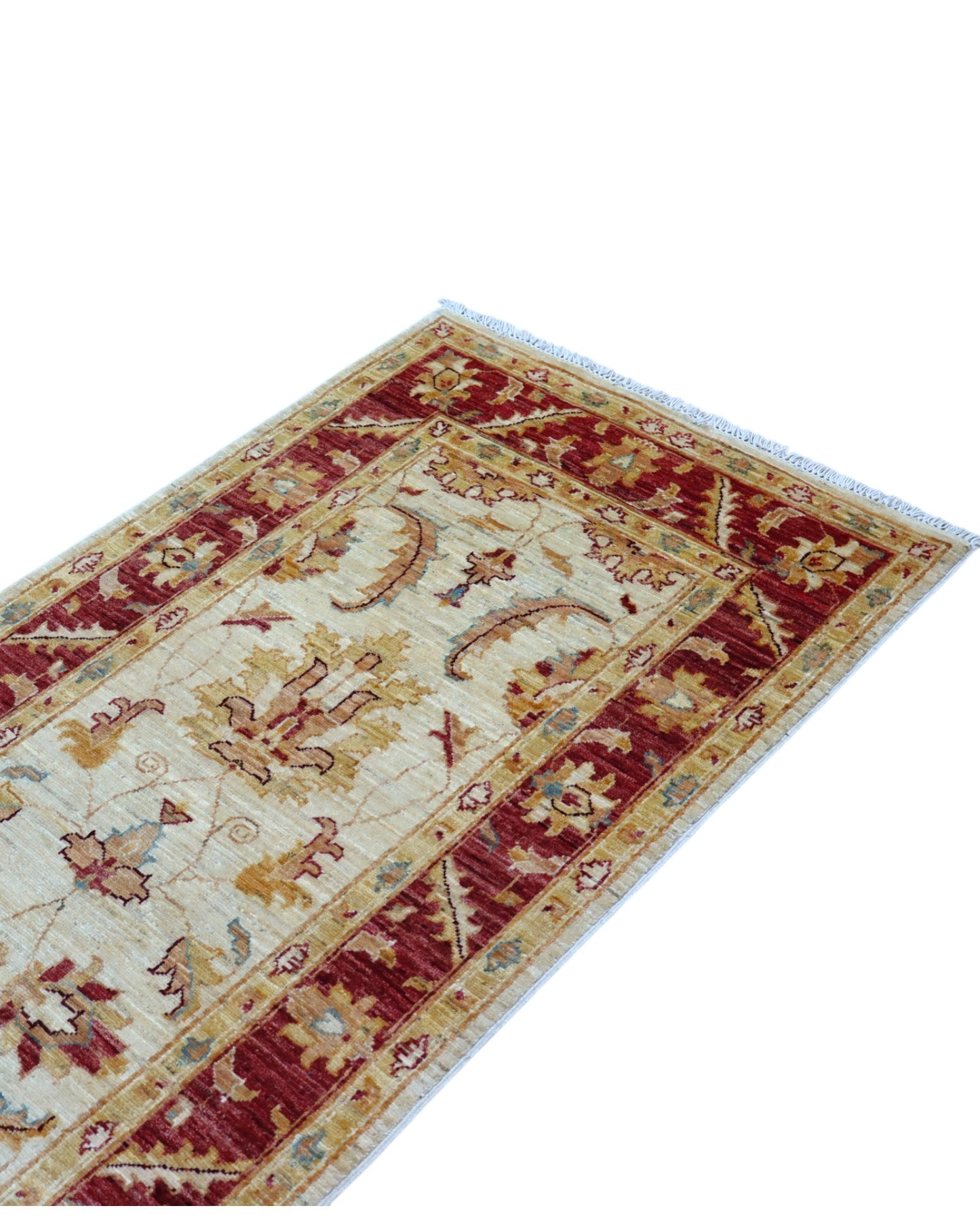 Tappeto Ziegler 210x81 cm afghano annodato a mano, corridore in lana con fondo chiaro e decorazioni floreali rosse.