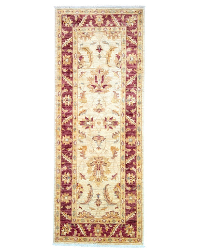 Tappeto Ziegler 210x81 cm afghano annodato a mano, corridore in lana con fondo chiaro e decorazioni floreali rosse.