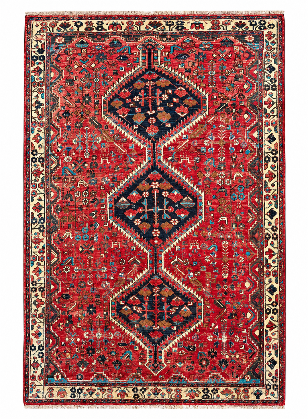 Tappeto 210x160 cm rosso corallo e blu con medaglioni per soggiorno elegante.