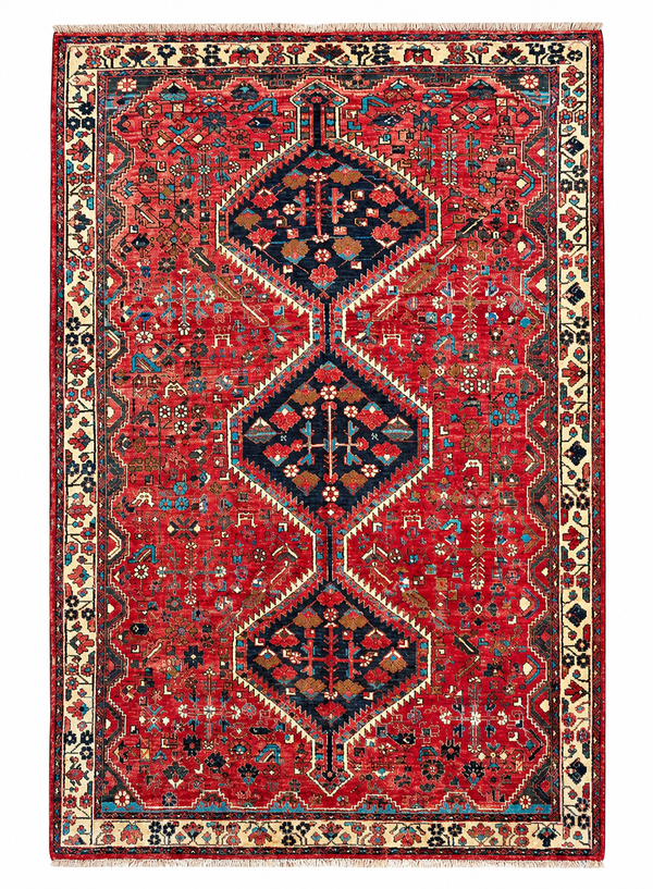 Tappeto 210x160 cm rosso corallo e blu con medaglioni per soggiorno elegante.