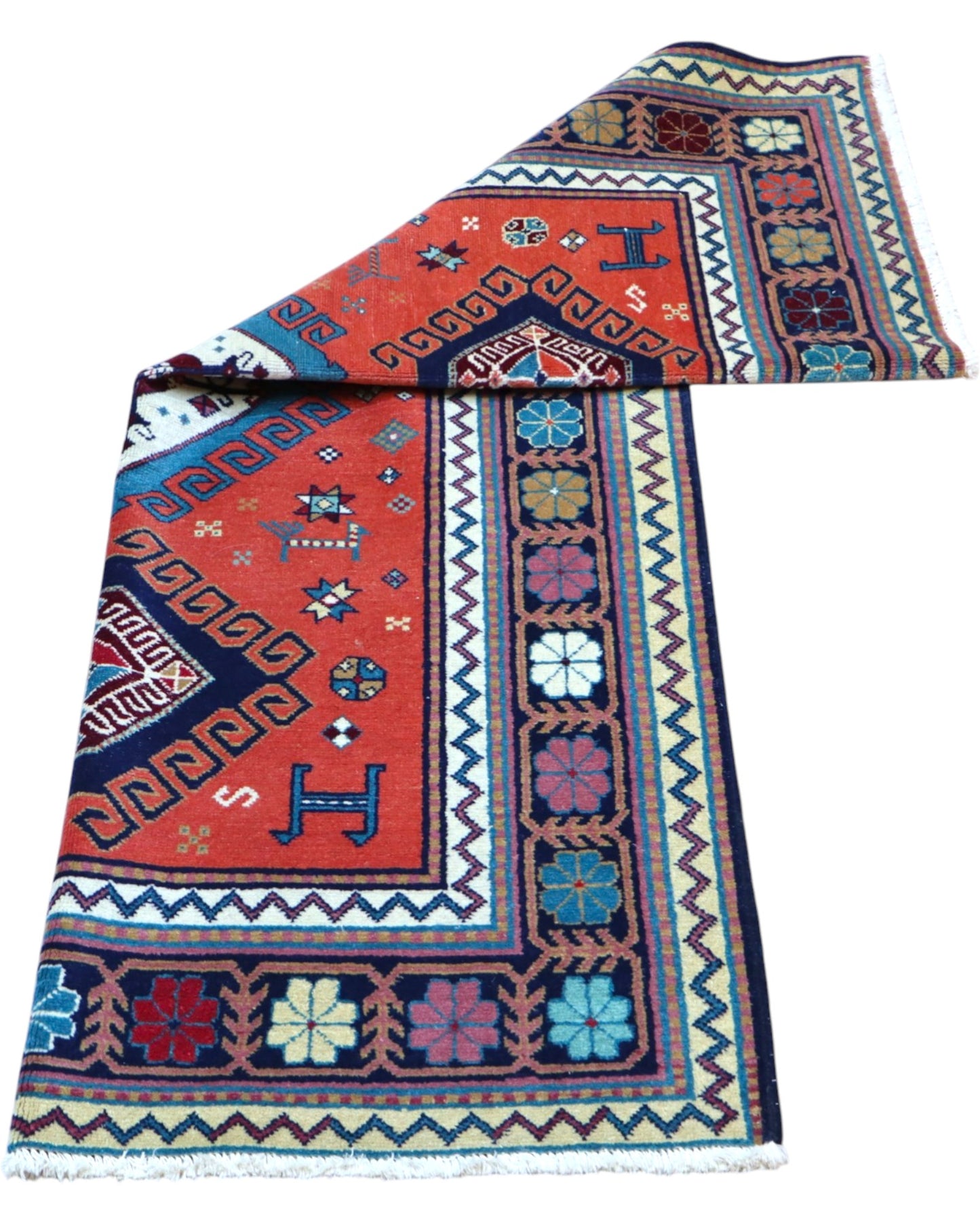 Tappeto rosso con dettagli blu 167x117 cm stile tribale per soggiorno