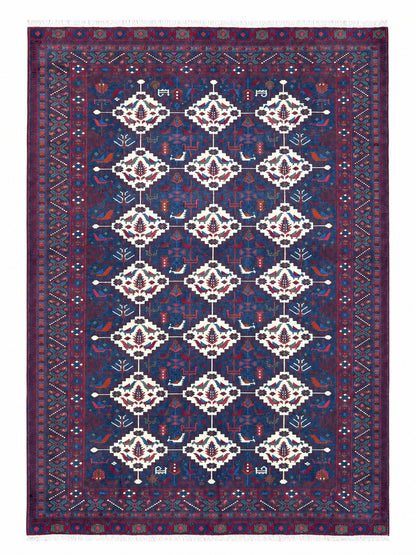 Tappeto Afgano 289x196 cm Blu e Rosso Geometrico