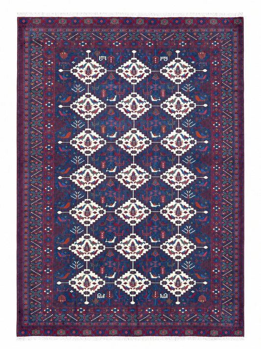 Tappeto Afgano 289x196 cm Blu e Rosso Geometrico