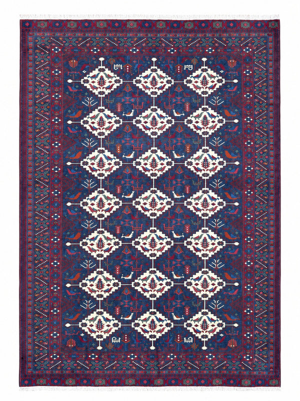 Tappeto Afgano 289x196 cm Blu e Rosso Geometrico