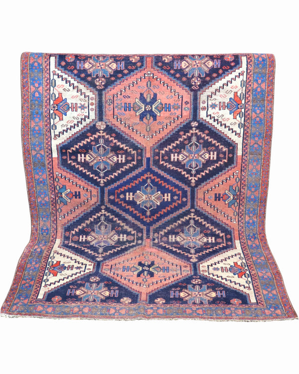 Tappeto Afshari Antico 185x137 cm annodato a mano con grandi losanghe geometriche su fondo blu.