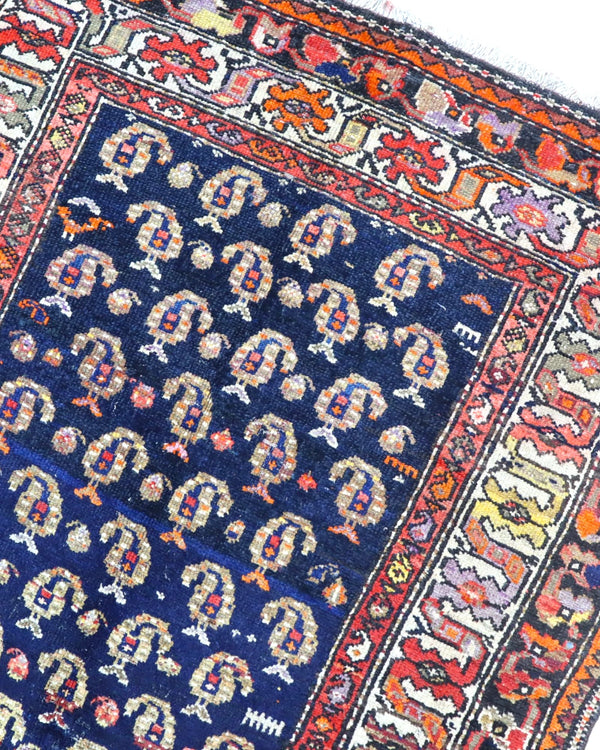 Tappeto Bakhtiyari 205x125 cm in lana con fondo blu e raffinate bordure geometriche.