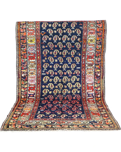 Tappeto Bakhtiyari 205x125 cm annodato a mano con motivi Boteh su fondo blu intenso.