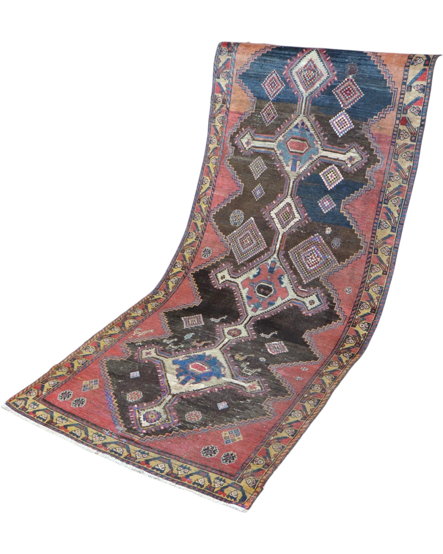 Tappeto Persiano Bakhtiyari 238x105 cm in lana con motivi geometrici e dettagli tribali.