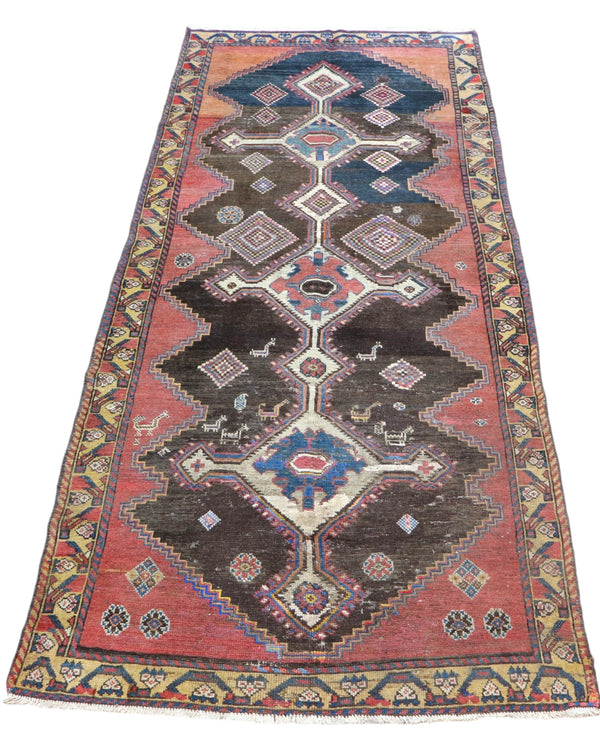 Tappeto Bakhtiyari 238x105 cm con medaglioni centrali e bordure decorative tradizionali.