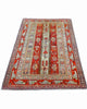 Tappeto Caucaso Antico 183x112 cm annodato a mano con fasce geometriche nei toni del rosso e avorio.