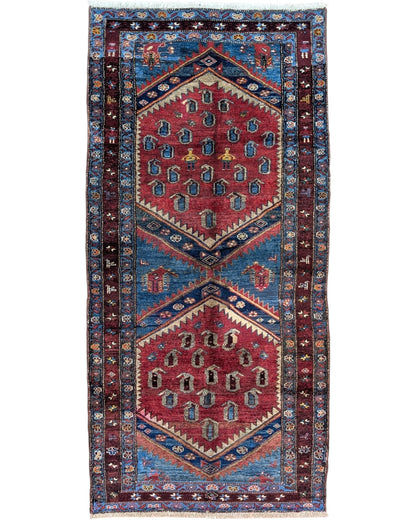 Tappeto Caucaso Antico 217x107 cm in lana con design orientale nei toni del rosso e del blu.