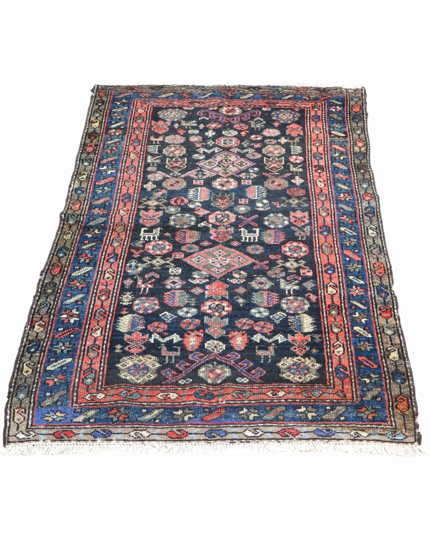 Tappeto Malayer Antico 161x102 cm annodato a mano con motivi geometrici e floreali su fondo blu.