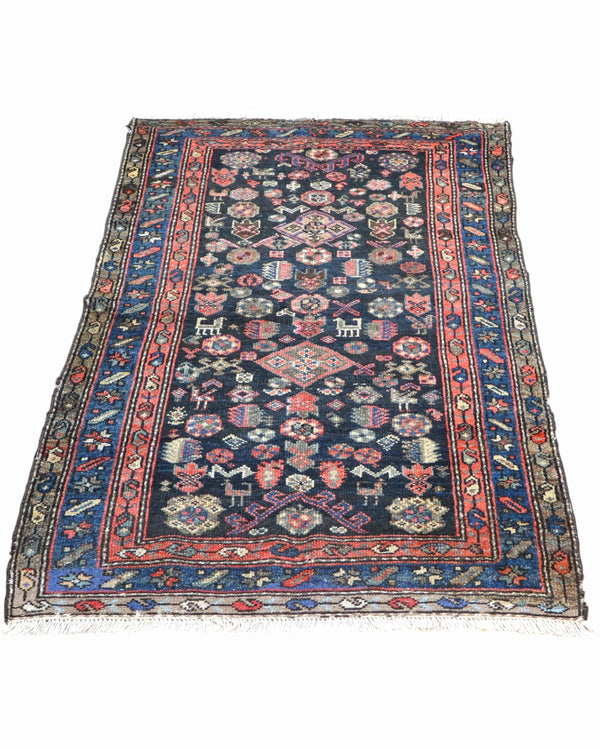 Tappeto Malayer Antico 161x102 cm annodato a mano con motivi geometrici e floreali su fondo blu.