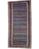 Tappeto Caucaso Antico 266x136 cm annodato a mano con motivo geometrico su fondo blu intenso.