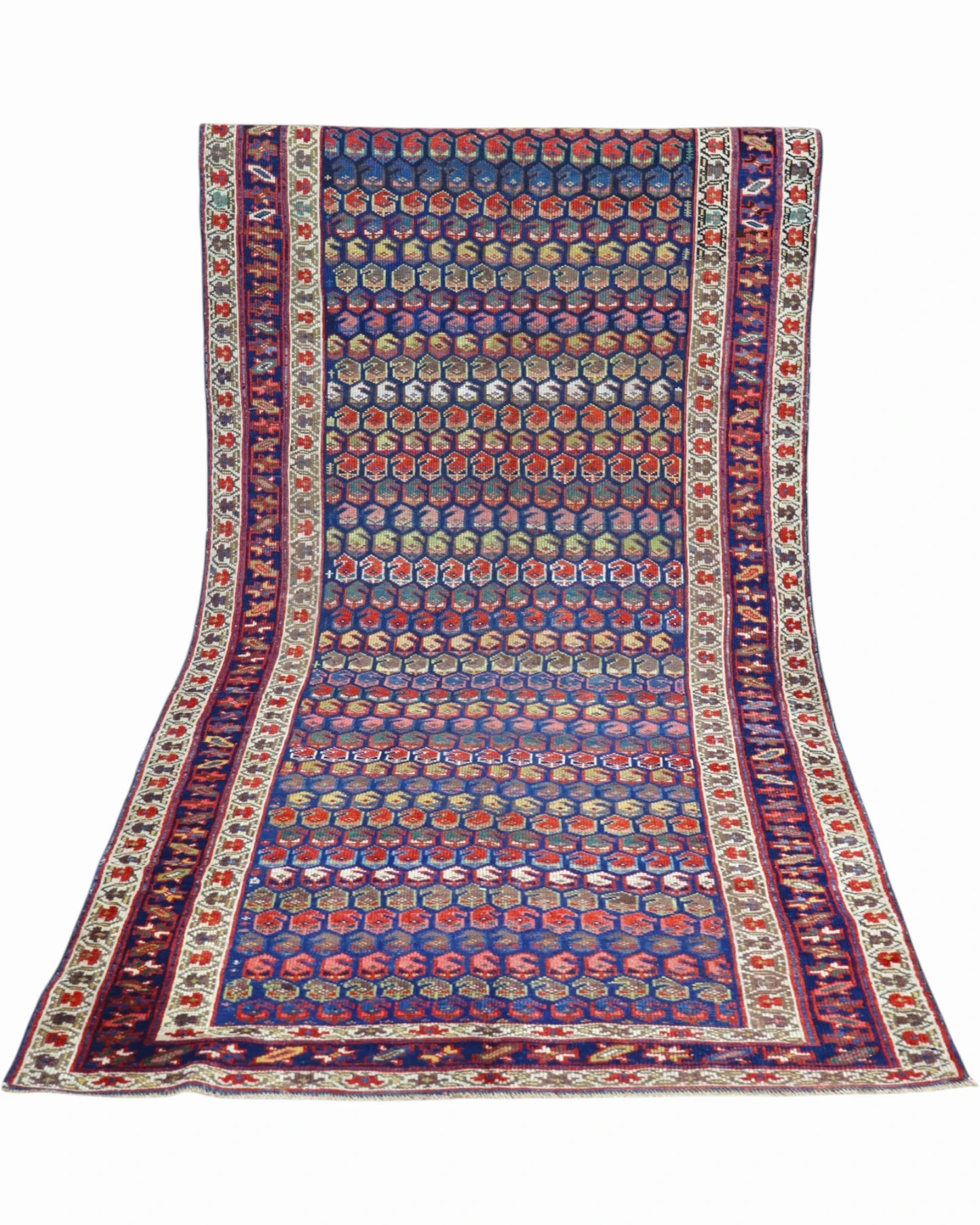 Tappeto Caucaso Antico 266x136 cm, tappeto orientale in lana con decorazione geometrica tradizionale.