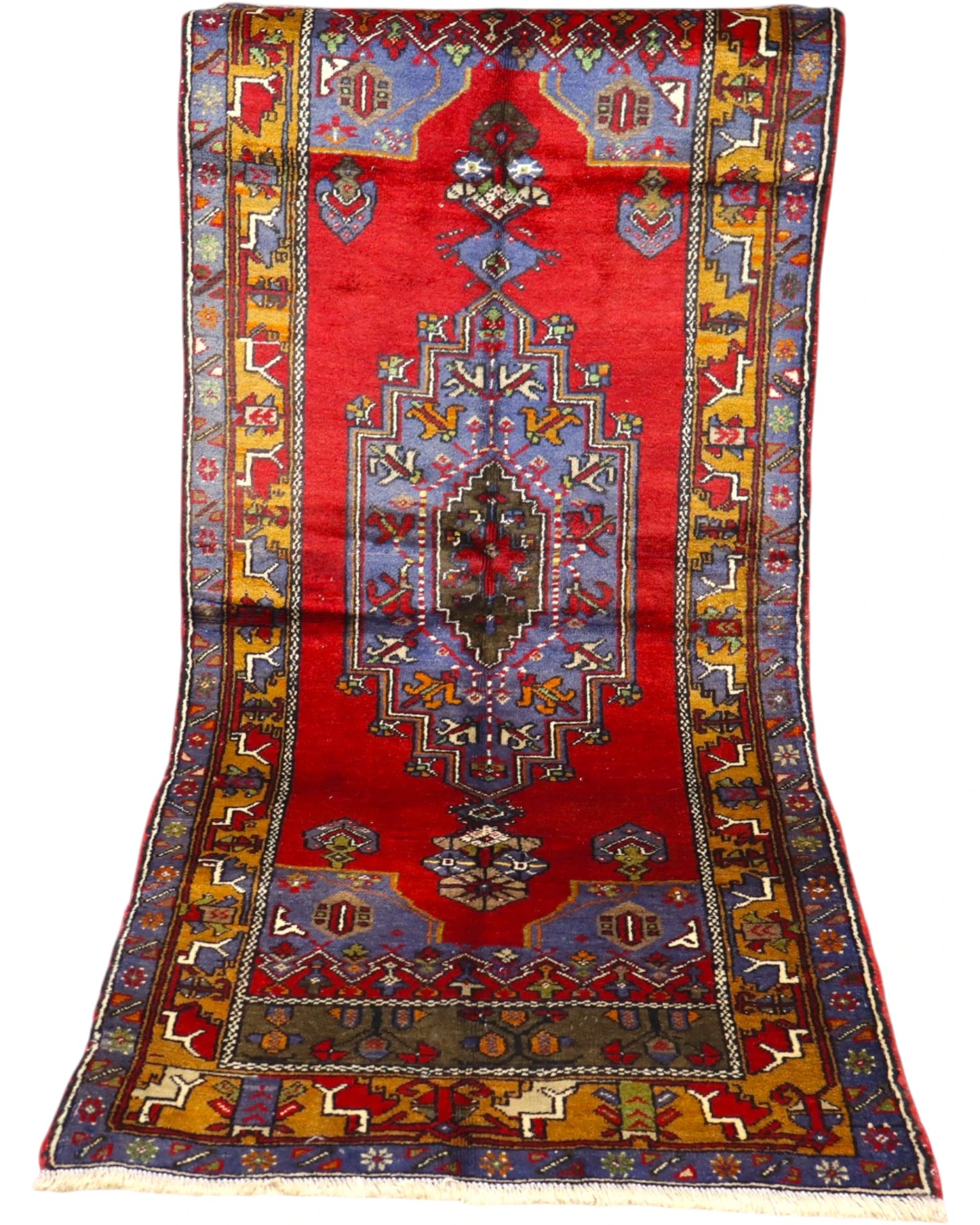 Tappeto Orientale Caucaso Antico 230x97 cm fatto a mano con design geometrico tradizionale.