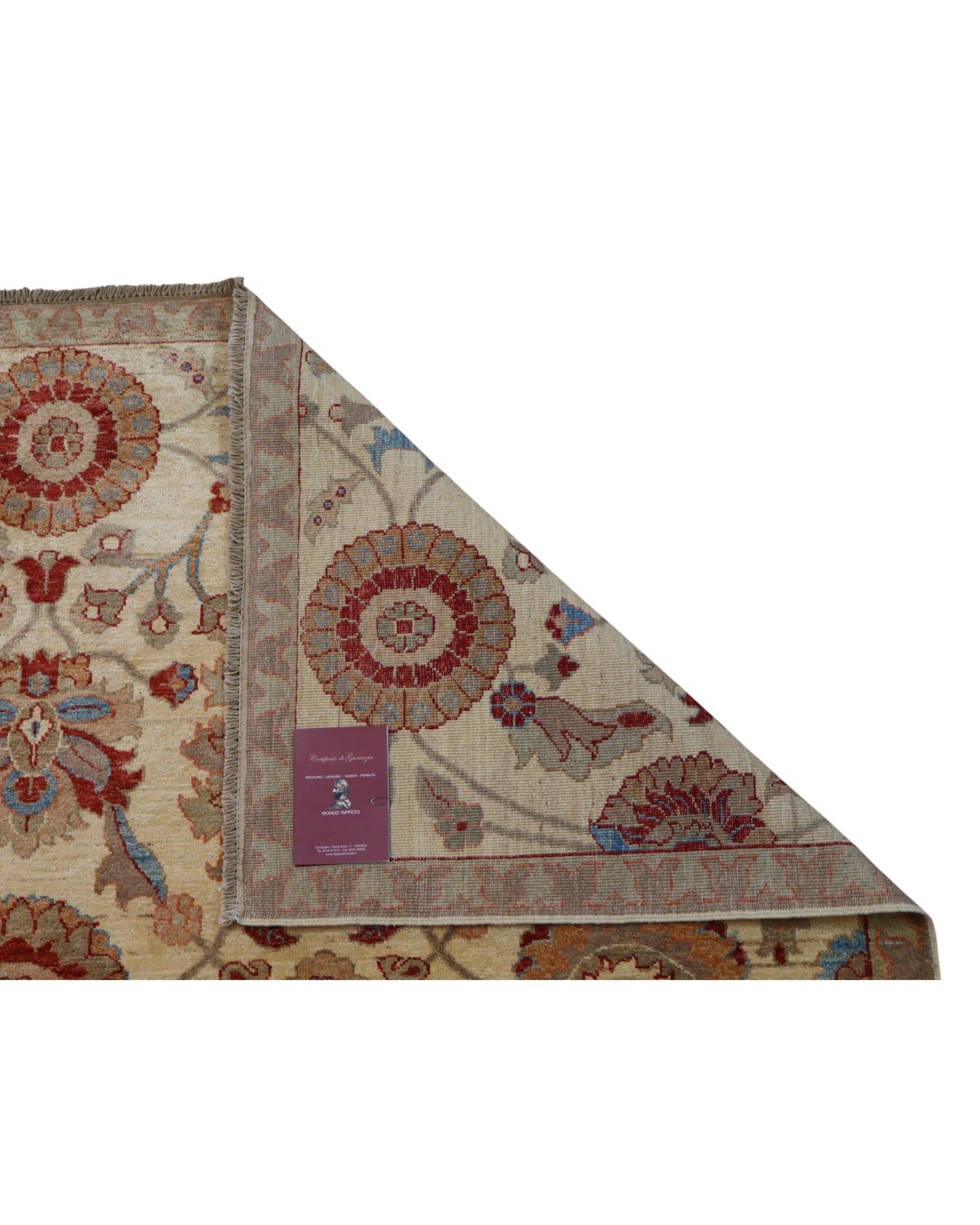 Tappeto persiano Farahan 296x200 cm, annodato a mano, con motivo floreale simmetrico in rosso, blu e marrone su fondo beige chiaro, bordura decorata.