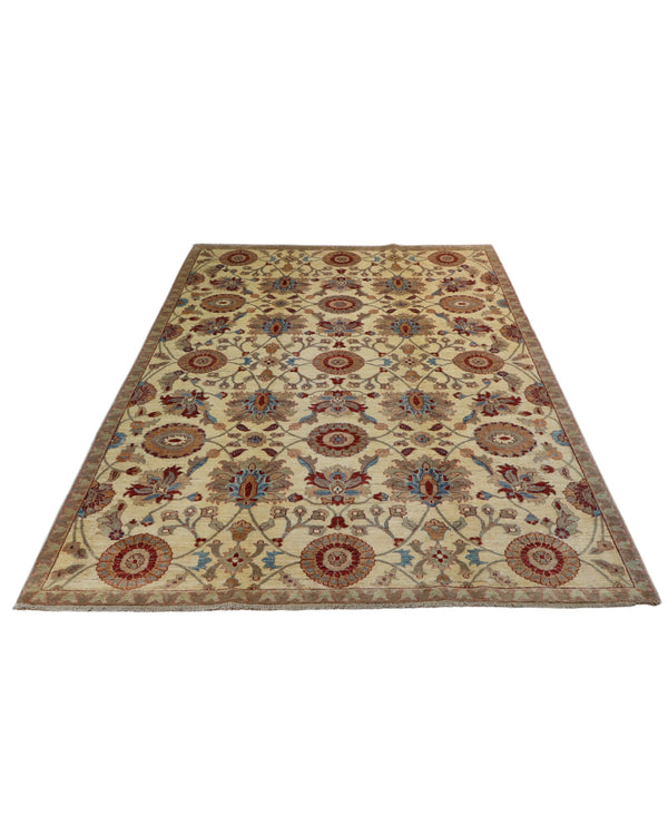 Tappeto persiano Farahan 296x200 cm, annodato a mano, con motivo floreale simmetrico in rosso, blu e marrone su fondo beige chiaro, bordura decorata.