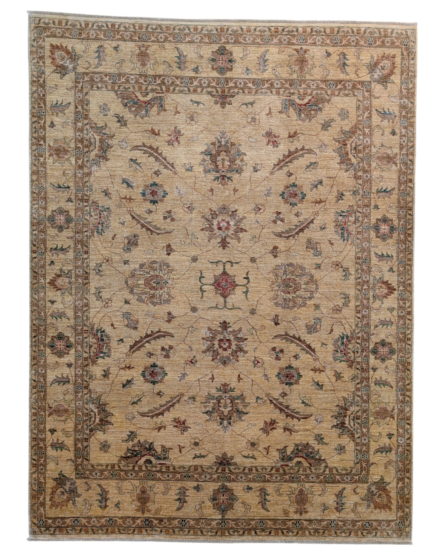 Tappeto Farahan avorio 290x200 cm annodato a mano, con motivi floreali verde, tortora e mattone su fondo chiaro, lana pregiata tinta vegetale, provenienza Afghanistan.