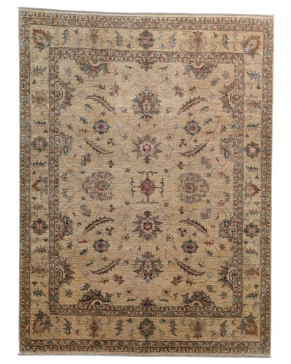 Tappeto Farahan avorio 290x200 cm annodato a mano, con motivi floreali verde, tortora e mattone su fondo chiaro, lana pregiata tinta vegetale, provenienza Afghanistan.