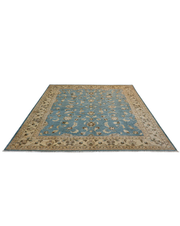 Tappeto Farahan 300x254 cm, annodato a mano in Persia, fondo blu chiaro con motivi floreali beige e marrone, lana pregiata e cotone resistente, certificato di autenticità incluso.