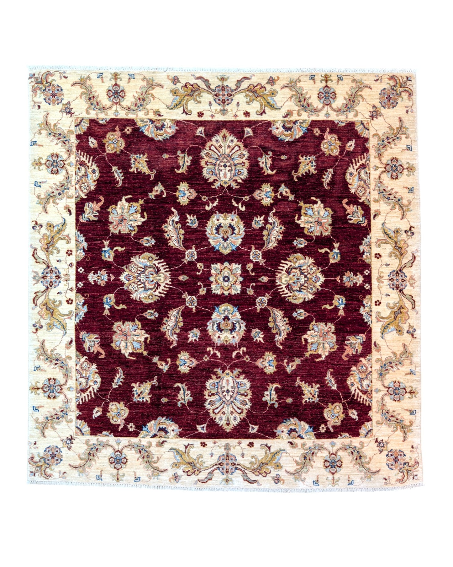 Tappeto Farahan Ziegler in bordeaux con motivo floreale stilizzato, annodato a mano in Afghanistan con cotone e lana pura. Certificato di autenticità incluso.