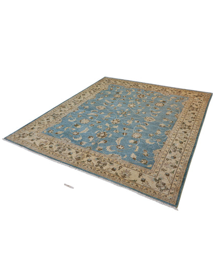 Tappeto Farahan 300x254 cm, annodato a mano in Persia, fondo blu chiaro con motivi floreali beige e marrone, lana pregiata e cotone resistente, certificato di autenticità incluso.