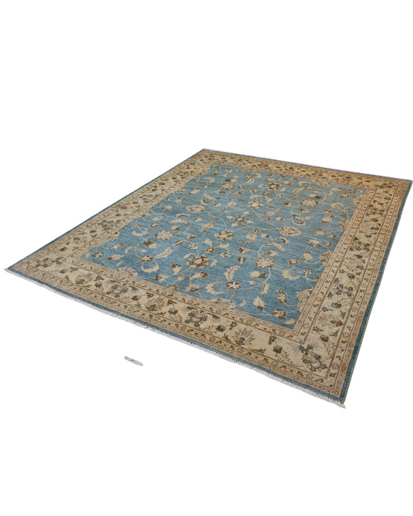 Tappeto Farahan 300x254 cm, annodato a mano in Persia, fondo blu chiaro con motivi floreali beige e marrone, lana pregiata e cotone resistente, certificato di autenticità incluso.