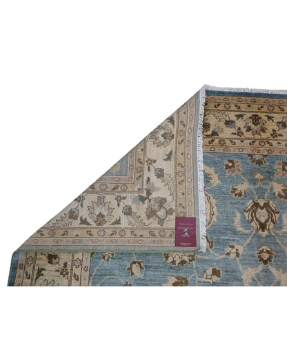 Tappeto Farahan 300x254 cm, annodato a mano in Persia, fondo blu chiaro con motivi floreali beige e marrone, lana pregiata e cotone resistente, certificato di autenticità incluso.