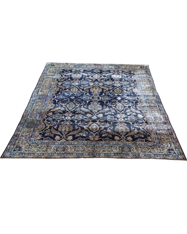 tappeto persiano Kashan annodato a mano 362x247 cm blu notte con motivo floreale a tutto campo