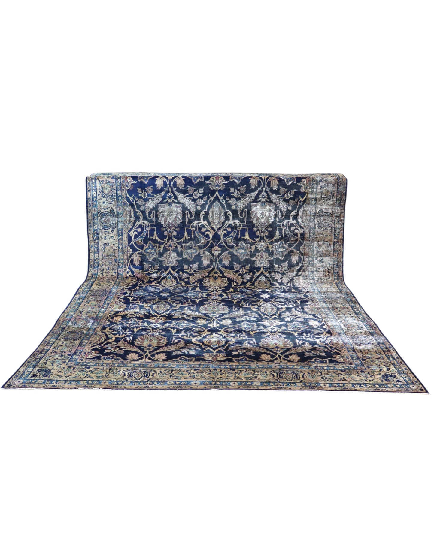 tappeto persiano Kashan annodato a mano 362x247 cm blu notte con motivo floreale a tutto campo