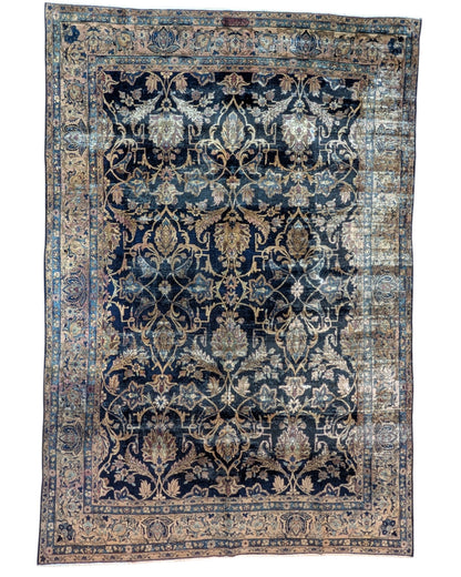 tappeto persiano Kashan annodato a mano 362x247 cm blu notte con motivo floreale a tutto campo
