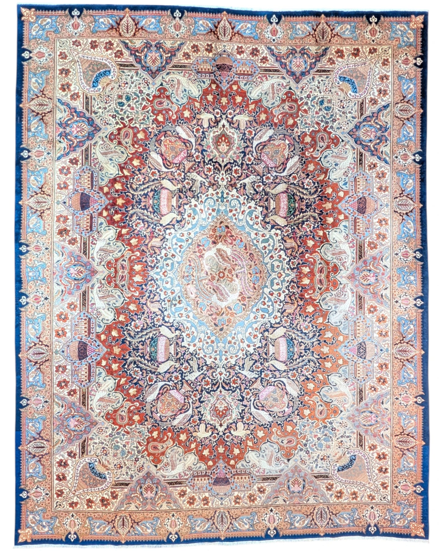 tappeto persiano Kashmar annodato a mano 393x306 cm rosso e azzurro con medaglione centrale e motivi floreali