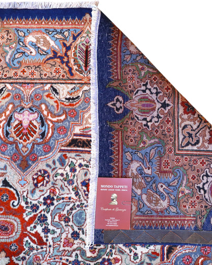 tappeto persiano Kashmar annodato a mano 393x306 cm rosso e azzurro con medaglione centrale e motivi floreali