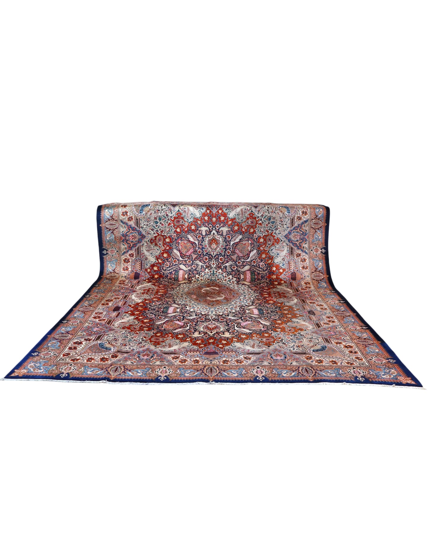 tappeto persiano Kashmar annodato a mano 393x306 cm rosso e azzurro con medaglione centrale e motivi floreali
